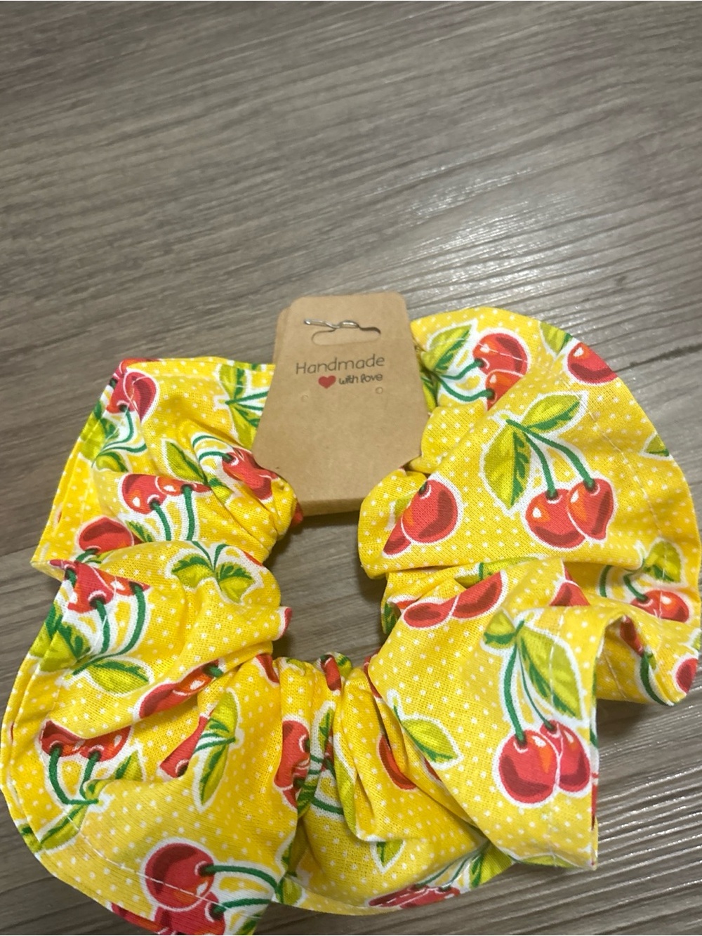 Handmade Yellow Cherry Print Hair Scrunchie